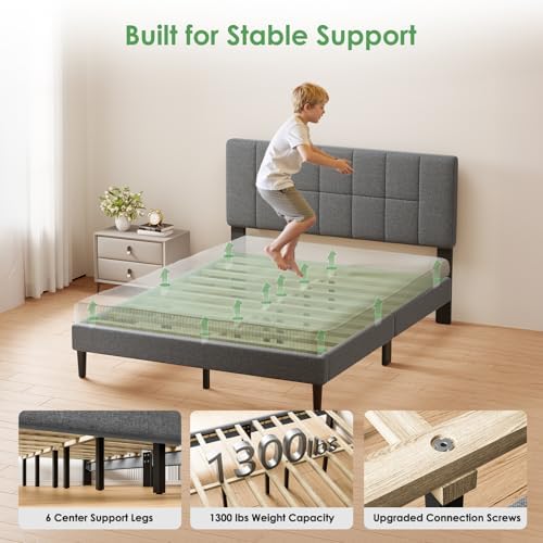 Marsail Full Size Bed Frame with Headboard - Upholstered, Adjustable,6"-12" Mattress Fit, 1300 lbs Capacity, Sturdy 12-Leg Wood Construction, Easy Assembly, Dark Gray