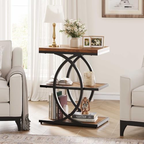 Vabches Narrow Side Table with Storage Shelf,3-Tier End Table with Artistic Curved Metal Frame,Industrial Bedside Tables for Small Space,Living Room,Bedroom,Home Decor,Walnut