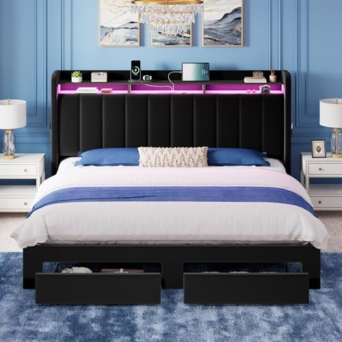 Allewie King Size Bed Frame with 2-Tier Storage Headboard & 2 Large Drawers