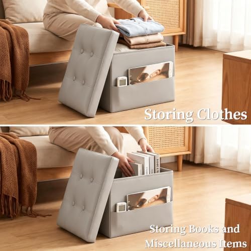 Ottoman with Storage. Small Folding Ottoman - Thick Foam Padded Seat, Grey