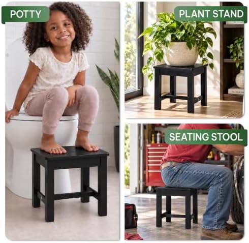 12" Wooden Step Stool, Small Wood Stool for Bathroom, Kitchen - Black