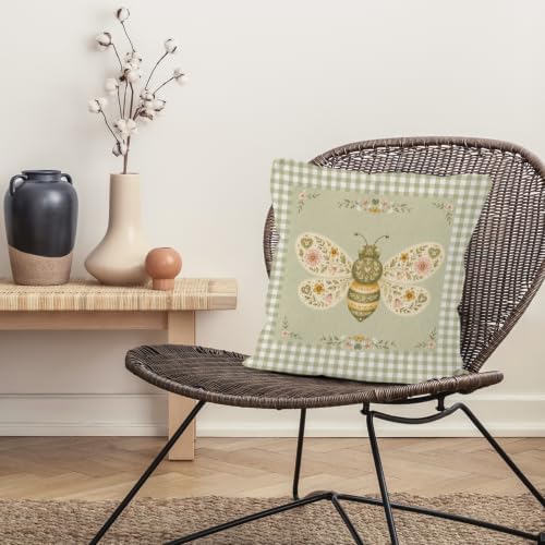 Farmhouse Green Gingham Bee Floral Nursery Throw Pillow Cover 18x18