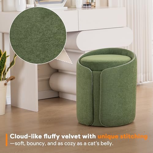 Storage Vanity Stool with Gold Base Comfy Vanity Chair Modern Round Stool for Makeup Vanity Ottoman Foot Rest for Bedroom livingroom, Green