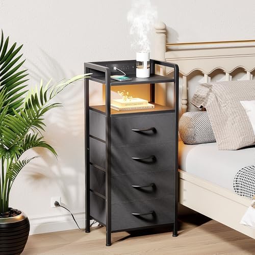 Lazzanto Nightstand with Rear Charging Station, LED Light, 4 Drawers, Black
