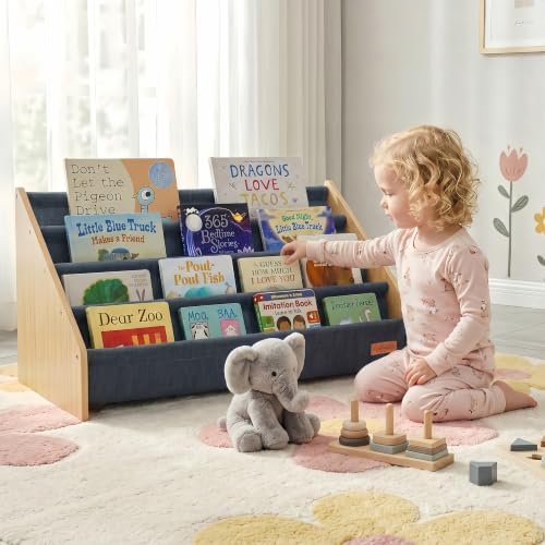 PERFNIQUE Montessori Kids Bookshelf, Wooden Front-Facing Baby Bookcase Organizer for Toddlers, 4-Tier Sling Decorative Book Rack with Deep Pockets for Kid Rooms, Nursery, Playroom & Reading Corner