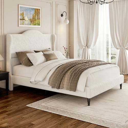 Full Bed Frame with Wingback Headboard, Upholstered Boucle Platform Bed Frame, Solid Wooden Slats Support, Noise-Free, No Box Spring Needed, Soft Cloud Bed for Bedroom, Cream