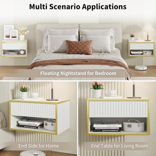 4ever2buy Floating Nightstand Set of 2, White Bedroom Night Stand