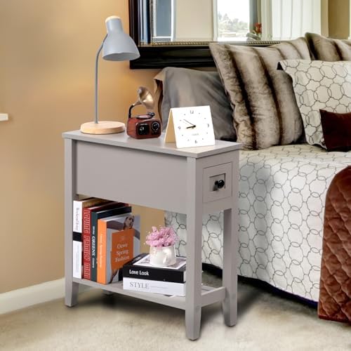 Grey 2 Pack Chairside Narrow End Table with Drawer, Solid Recliner Side Table with Storage Shelf, Slim Nightstand Bedside Table for Bedroom