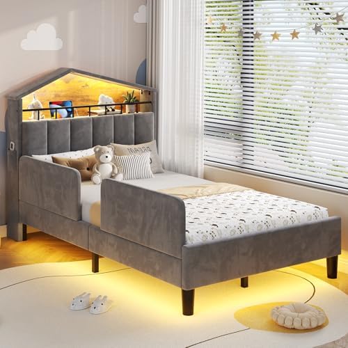 ADORNEVE Twin Size Bed Frame with LED Lights,Velvet Bed for Boys,Grey
