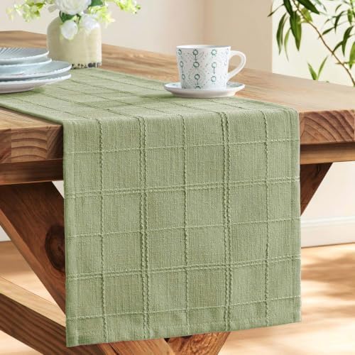 ZeeMart Linen Checked Farmhouse Table Runner, 13x108 Inches Sage Green