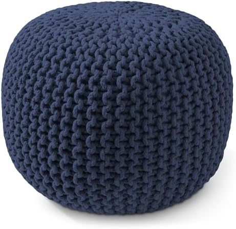 Casafield Round Pouf Ottoman, Navy Blue - 20" Diameter x 14.5" High Cotton Knit Foot Stool - Boho Floor Pouffe for Living Room, Bedroom, Home Office