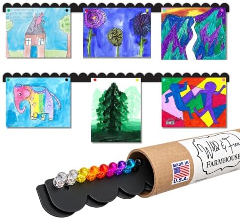 Scalloped Magnetic Art Display for Kids Artwork & Photos (Set of 2) – Kids Artwork Display for Wall – Magnetic Photo Display Strips with Push-Pin Magnets (Black, 35in)