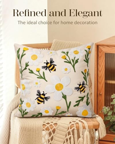 Embroidered Throw Pillow Cover 18x18 Inch, Flower Bee