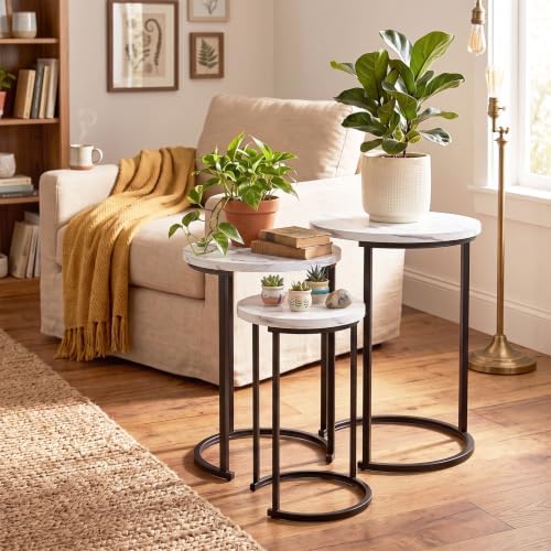 Lavish Home Round Nesting Tables Set of 3, Faux Marble Tabletop, White