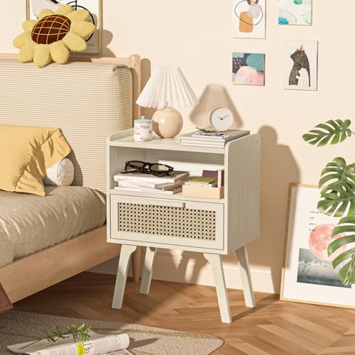 Lerliuo Rattan Nightstands Set of 2, Side Table with Drawer Open Shelf