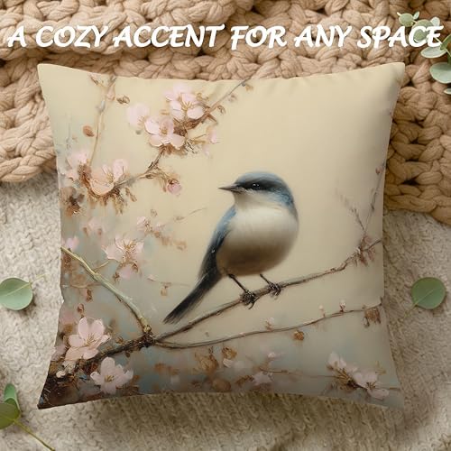 Vintage Pink Floral Blue Bird Pillow Cover 18x18, Cottagecore Farmhouse Blooming Flower Bird Decorative Throw Pillow Covers Pillowcases for Living Room Home Bedroom
