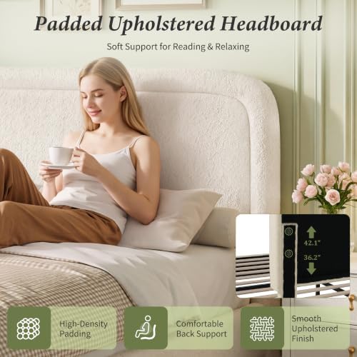 WEUP King Size Platform Bed Frame, Boucle Upholstered Bed with Adjustable Headboard, Wood Slats, No Box Spring Required, Noise-Free, Easy Assembly, Light Beige