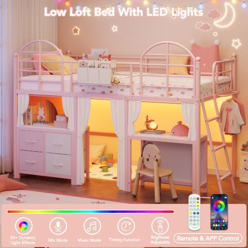 Twin Low Loft Bed with Desk & 4 Storage Drawers, Smart LED Lights, Pink