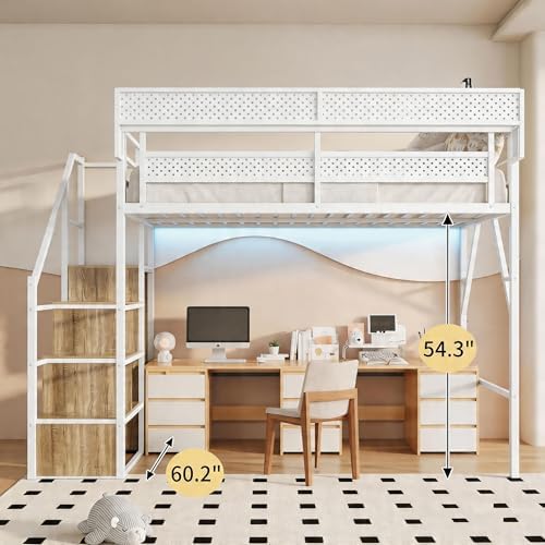 Full Size Metal Loft Bed with Storage Stairs, Wardrobe & Charging Station
