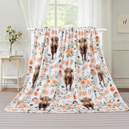 Highland Cow Blanket Watercolor Flower Throw Blanket Fall Farmhouse Plush Throw Blankets Rustic Cow Fleece Blankets Ultra Soft Cozy Blankets for Couch Bed Sofa 60 x 80 Inch