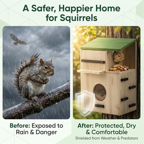 Large Squirrel Houses for Outside, Squirrels Nesting Box with Platform, Solid Wood Squirrel Box, Backyard Squirrel House Squirrels Feeders for Outside