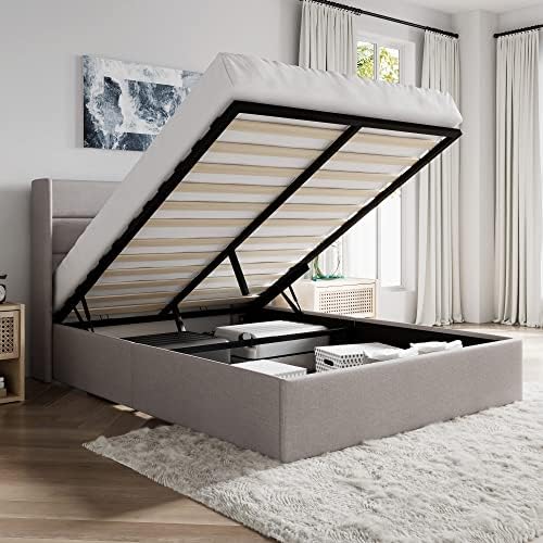 SHA CERLIN Queen Size Lift Up Hydraulic Storage Bed Frame Light Beige