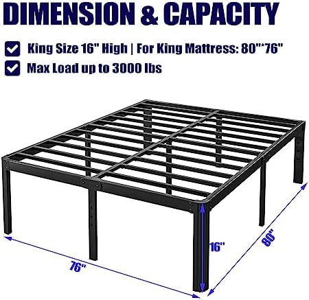Hunlostten 16" High King Bed Frame No Box Spring Needed, Heavy Duty King Platform Bed Frame with Round Corners, Easy Assembly, Noise Free, Black