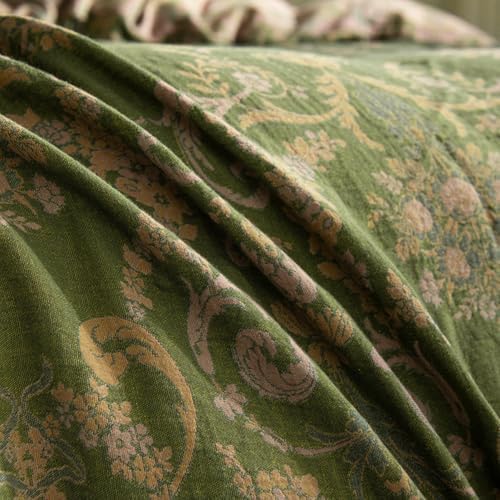Green Floral Duvet Cover Queen,3 Pieces Retro Boho Medallion Jacquard Flower Bedding Set,Linen Cotton Yarn-Dyed Textured Reversible Duvet Cover with Zipper Closure