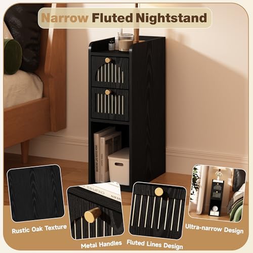 7.87" Narrow Nightstand Set of 2, Fluted Slim Bedside Table with 2 Drawers, Mid Century Modern Small End Table with Gold Metal Handles, for Bedroom, Living Room & Small Spaces - Black