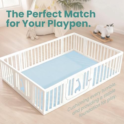 Huloo Sleep Baby Play Mat for Floor,1.3" Thick Elasti-Foam 50"×74" Playpen Mat for Tummy Time,Water Repellent Soft Coral Velvet for Toddler,Infant,Kids,Non-Slip Backing Safe for Crawling(Light Blue)