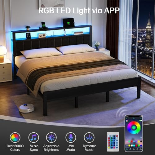 OLEVS King Bed Frame with Charging Station & LED Lights Modern Platform Bed