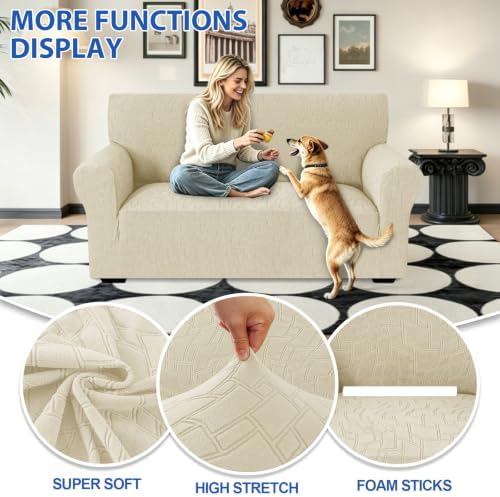 MAXIJIN Waterproof Loveseat Cover Couch Covers (55"-69"), Stretch Love Seat Sofa Slipcovers with Non Slip Elastic Bottom, Dog Pet Friendly Furniture Protector Washable (Medium, Beige)