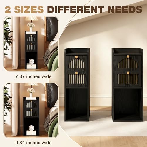 7.87" Narrow Nightstand Set of 2, Fluted Slim Bedside Table with 2 Drawers, Mid Century Modern Small End Table with Gold Metal Handles, for Bedroom, Living Room & Small Spaces - Black