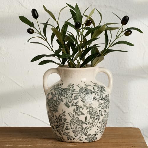 Vintage Vase with Handles, Ceramic Utensil Holder, Flower Decorative Vase Chinoiserie Decor Rustic Farmhouse Retro Floral Vases for Table Bookshelf Mantel Kitchen Living Room Office - 6.7” Gray 018