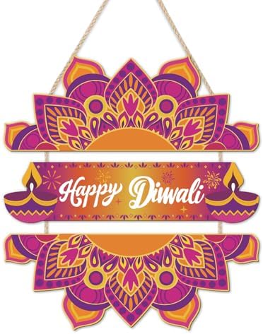 LHIUEM Happy Diwali Wooden Signs Indian Festival of Lights Door Hanging Decor Set of 3(4”X11”) Indian Wreath Garland,Dewalee Wood Wall Hanging,Diya Lotus Door Hanger Diwali Party Decor for Home Porch