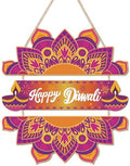 LHIUEM Happy Diwali Wooden Signs Indian Festival of Lights Door Hanging Decor Set of 3(4”X11”) Indian Wreath Garland,Dewalee Wood Wall Hanging,Diya Lotus Door Hanger Diwali Party Decor for Home Porch