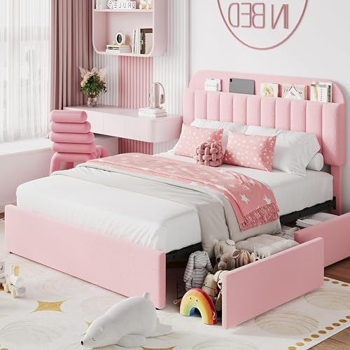 IDEALHOUSE Queen Bed Frame with 2 Flexible Drawers and Bookcase Headboard, Boucle Upholstered Platform Bed for Boys/Girls, Noise-Free, Easy Assembly, No Box Spring Needed, Pink
