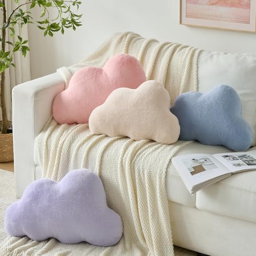 Cloud Pillows, Decorative Throw Pillow with Soft Plush for Couch Bed, Cloud Shaped Pillow Room Decor with Fluffy Faux Rabbit Fur for Living Room Bedroom (Pink, 14.5x22.4 Inches)