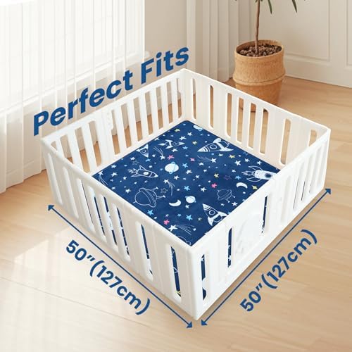 Baby Play Mat for Floor,1.3" Thick Cushioned Playpen Mat 50"x50",Extra Soft Elasti-Foam,Water Repellent Coral Velvet,Non-Slip for Crawling&Tummy Time,Infant Toddler Kids Nursery Rug(Space)