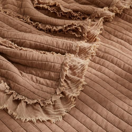Ultra Soft Pre-Washed Quilted Boho Twin Size Blankets for Bed, Orange Brown Ruffle Fringed Decorative Throw, Stone Washed Chic Rustic Blanket for Sofa Couch Bed, 60"*80"