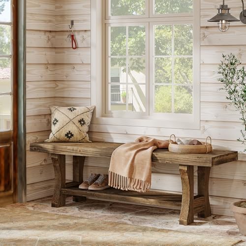 Solid Wood Storage Bench, Farmhouse Entryway Bench, Long Indoor Dining Seat for Hallway, Bedroom, Living Room, Dining Room, Easy Assembly, Dark Brown