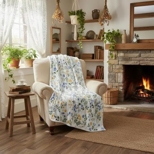 Spring Floral Throw - Blue & Yellow Watercolor Floral Blanket for Couch Sofa Camping, Farmhouse Cottagecore Flowers Bedding Decor, Soft Warm Flannel Throw for Women Girls, 50X60