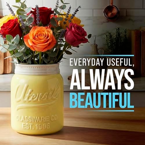 Comfify Yellow Mason Jar Utensil Holder – Wide Mouth Ceramic – Farmhouse