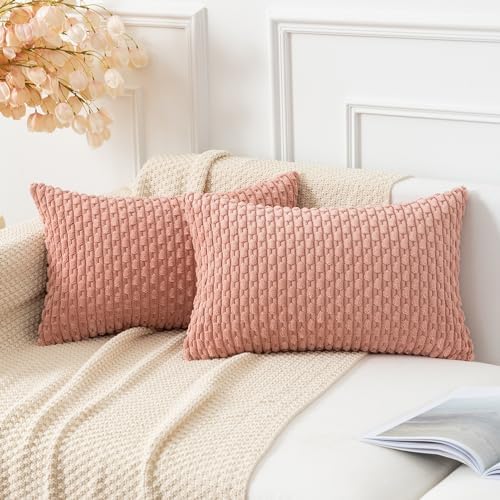 Kevin Textile Soft Corduroy 12"x20" Lumbar Pillow Covers 2 Pack, Baby Pink
