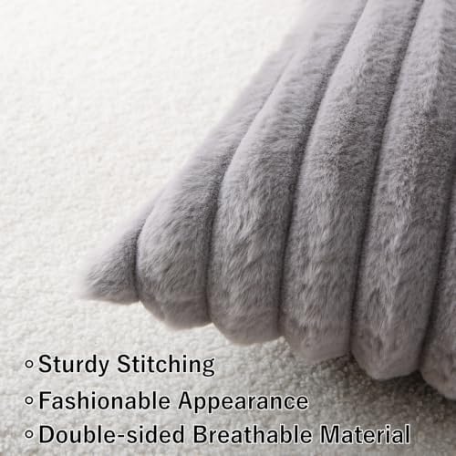 Decorative Throw Pillow with Inserts, Set of 2 Soft Faux Fur Throw Pillows, Square Boho Striped Pillow for Couch, Bed, Sofa Decor(Gray, 18" x 18")