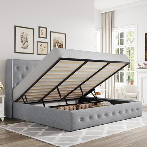 Allewie King Size Lift Up Storage Button-Tufted Bed Frame Light Grey