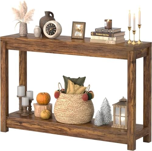 Besiost 47" Farmhouse Wood Entryway Table Narrow Console Table with Storage Behind Couch Sofa Table with Shelves Entry Way Table with Open Storage, Easy Assembly, Rustic Brown