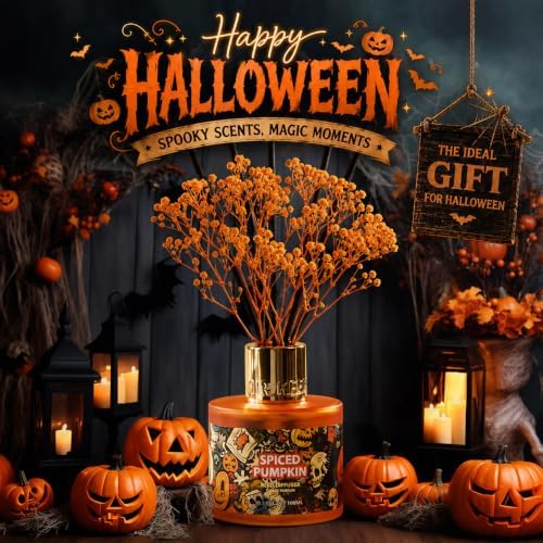 Airkeep Halloween Reed Diffuser Set,3.38 fl oz (100 ml) - Spiced Pumpkin Oil Diffusers with 8 Reed Sticks, Home Fragrance Reed Diffuser for Bathroom Shelf Decor