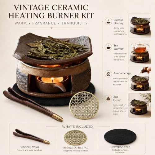 Ceramic Incense Burner Kit, Zen Incense Holder with Candle Clip,Mat & Heat Resistant Brick, Ceramic Aromatherapy,Stove Essential Oil Burner, Suitable for Home and Office Use.