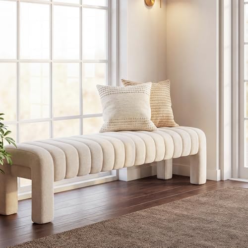 63" Bedroom Bench, Upholstered Entryway Bench, Modern End of Bed Ottoman with Solid Wood Legs and Adjustable Foot Pegs for Entryway, Dining Room and Living Room (Beige Linen)